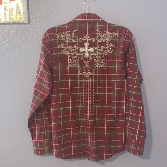 Lamasini Western Red Plaid snap Sequined Cross Embroidered Button Down Shirt - Picture 6 of 9
